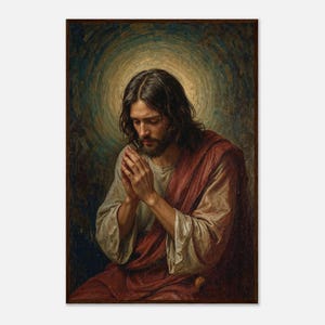 Portrait en prière de Jésus-Christ | Poster encadré de qualité supérieure en bois semi-brillant | Art mural confessionnel | Décoration d&#39;intérieur chrétienne