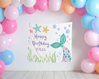 Banner de feliz cumpleaños personalizado: temática de sirena