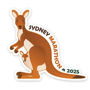 May include: A sticker featuring a cartoon kangaroo with a joey in its pouch. The kangaroo is brown and white, with the words "SYDNEY MARATHON" in a curved font. The year "2025" is also included, along with a small Australian flag.