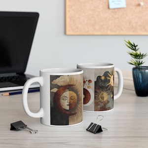 Caneca de cerâmica com tema celestial de sol e lua, xícara de café boho, presente para amantes de chá astrológico, decoração de cozinha vintage, xícara com tema celestial
