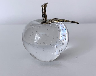 Handblown Art Glass Apple Paperweight Clear Controlled Bubble Brass Stem Teacher