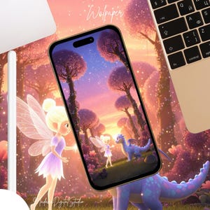 Fairy and Baby Dragon Wallpaper, Magical Fantasy iPhone Background, Cute Pastel Forest Phone Lock Screen