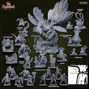 May include: A collection of miniature fantasy figures, including a fungal dragon, sporelings, and a mycelial herald. The figures are in various poses and sizes, with intricate details. The text "The Sprawl" and "Mammoth Factory" are visible.