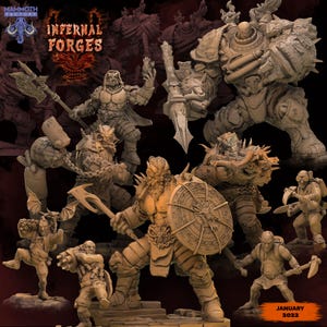 May include: A collection of detailed, beige-colored fantasy miniatures. The image features various figures, including warriors with axes and shields, and imposing armored characters. The text "Infernal Forges" and "January 2022" are visible.