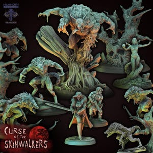 May include: A collection of fantasy miniatures, including werewolves, a female warrior with a sword, and other figures. The figures are in various poses, with a dark background. The text "Curse of the Skinwalkers" is visible.