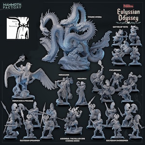 May include: A collection of gray miniature figurines from the "Eulyssian Odyssey" series. The set includes a multi-headed hydra, warriors, mythical creatures, and figures labeled "Herakaios," "Megorga," and "Cyclopeans." The Mammoth Factory logo is in the upper left.