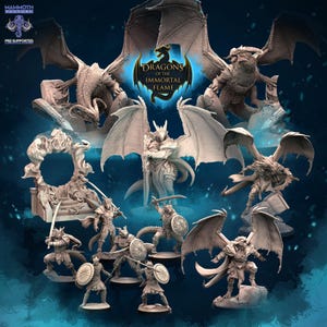 May include: A collection of fantasy figurines and dragon models, including winged dragons, warriors with swords and shields, and architectural elements. The central image features the text "Dragons of the Immortal Flame" within a circular emblem. The models are in shades of gray.