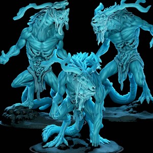 May include: Three light blue, monochromatic fantasy creature figurines featuring muscular humanoid forms, elongated limbs, and deer-like skulls worn as headgear. Each figure displays intricate skeletal details, ribcage textures, and small skulls embedded in the torso.