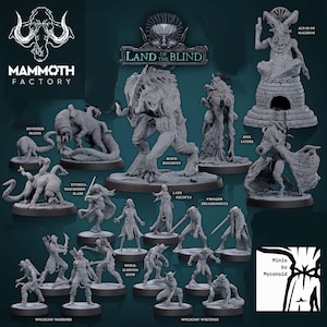 May include: A collection of gray miniature figurines from the "Land of the Blind" series, including monsters, warriors, and characters like the Blind Behemoth and Lady Helenya. The Mammoth Factory logo is visible.