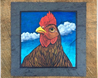 Chicken Painting on Slate and Reclaimed Wood Original Folk Art