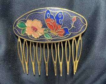 Vintage Enamel Butterfly Flower Hair Comb Gold Tone Decorative Hair Accessory