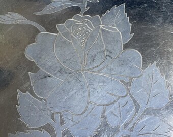 Vintage Floral Etched Aluminum Decorative Serving Tray 17"  Signed 1962