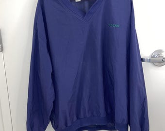 Izod Mens Vintage V-Neck Windbreaker Pullover Navy Blue Nylon XL PC-257B Golf