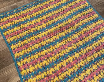 Handmade Crochet Multicolor Throw Blanket 40x42" Pink Yellow Blue