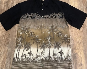 Campia Moda Mens Small Black Brown Tropical Palm Tree Rayon Hawaiian Shirt S