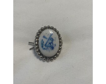 Vintage Oval Ceramic Brooch Pin Blue Windmill Silver Tone Beaded Edge Women