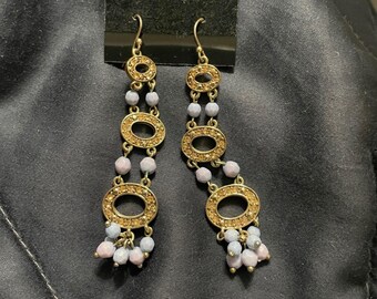 Gold Tone Oval Link Beaded Drop Earrings Light Blue Gemstones Dangling LC mark