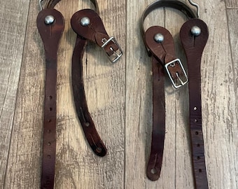 Vintage Cowgirl Western Wavy Metal Spurs Brown Adjustable Leather Straps Pair