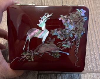 VTG Korean Lacquer Mother of Pearl Inlay Deer 4" Jewelry Box Turtle Clasp Red