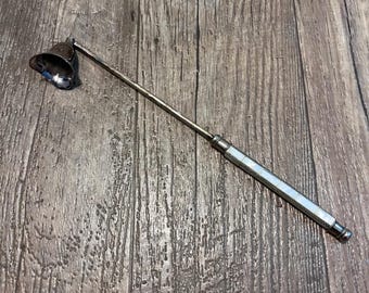 Vintage pärlemorinlägg ljussläckare silverfärgad vridbar klocka 11 tum