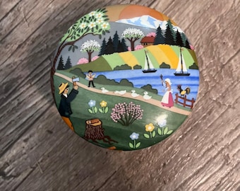 Reutter Porzellan West Germany Folk Art Village Round Trinket Box Naive Art