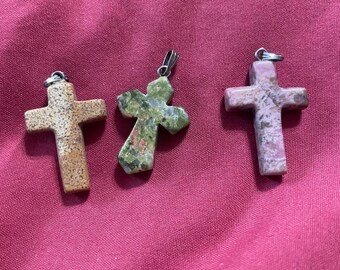 Set of 3 Natural Stone Cross Pendants Unakite Jasper and Rhodonite