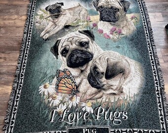 Manta de tapiz tejida Danbury Mint I Love Pugs de algodón con diseño de perro, 70x50 cm, fabricada en EE. UU.