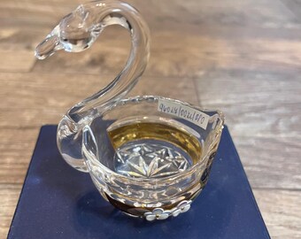 Bohemia 3" Cristal Lead Crystal Swan Figurine Gold Floral Trinket Dish