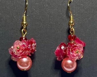 Red Roses and Pearl Drop Earrings