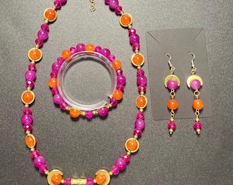 Purple Pink & Orange Jewelry Set | Handmade Statement Necklace Bracelet Earrings | Bold Beaded Jewelry