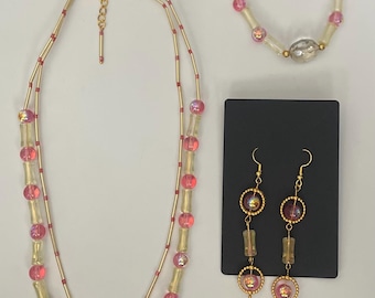 Pink and Yellow Jewelry Set | Handmade Statement Necklace Bracelet Earrings | Bold Beaded Jewelry