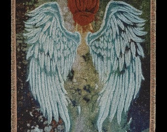 Lifted by Angels Woven Blanket: Cotton Cozy Throw with Fringed Edges