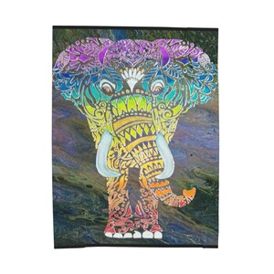 May include: A colourful, patterned elephant illustration with a vibrant array of colours, including purple, blue, green, yellow, orange, and red. The elephant features intricate designs and white tusks, set against a dark, textured background.