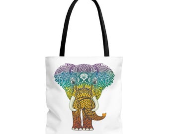 Draagtas heilige kunst regenboogolifant, spiritueel, mindful leven, tribale kunst,