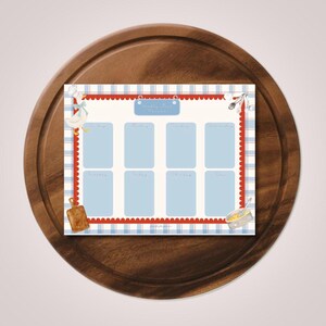 May include: A rectangular weekly meal planner sheet featuring a light blue and white checkered border with a red scalloped edge. It includes eight light blue rectangular boxes for daily entries, a duck illustration, a cutting board, and kitchen utensils.