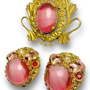 Vintage West Germany Signed Pink Porphyry Glass Clip On Earrings and Brooch Set