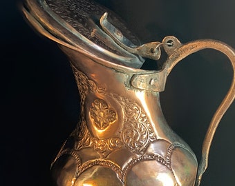 Ornate Antique Middle Eastern Etched Copper Pitcher