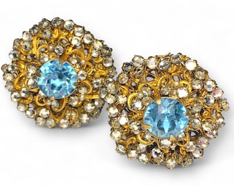 MIRIAM HASKELL Vintage Blue Crystal Rhinestone Floral Earrings