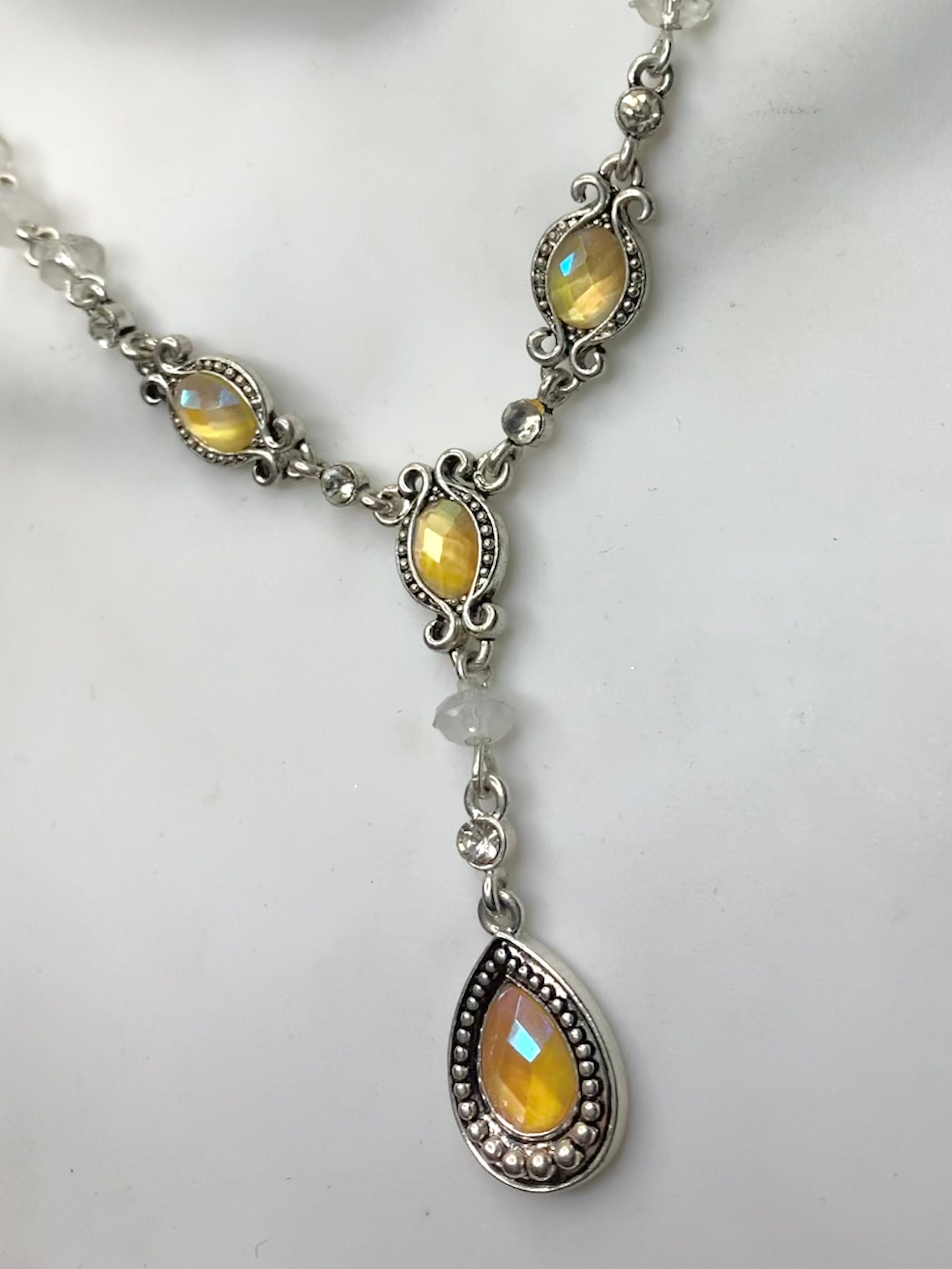 Vintage Avon SH Yellow Gemstone Silver Tone Lariat Y Shaped