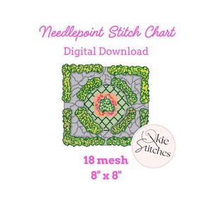 May include: Digital needlepoint stitch chart with a garden design. The chart is 8" x 8" and features an 18 mesh count. The image includes the text "Needlepoint Stitch Chart Digital Download" and the Okie Stitches logo.