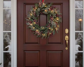 24 Inch Pre Lit Christmas Wreath, Snow Flocked Pine, Red Berries, Warm LED Lights