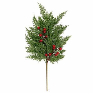 May include: A decorative artificial cedar branch featuring lush, textured green foliage and clusters of small, round, bright red berries. The branch is supported by a single, slender, light brown stem that extends from the base of the greenery.
