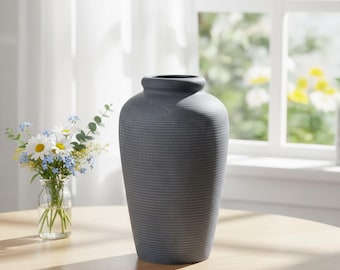 Silvanest Modern Ceramic Vase 11" Tall Matte Black Pottery Vase Handcrafted Textured Decorative Vase for Minimalist Nordic Home Decor Table