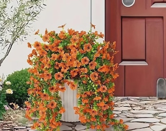 UV Resistant Orange Artificial Hanging Flowers: Thanksgiving Porch Decor (2 pcs)