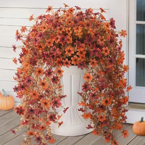 May include: A white urn overflowing with cascading orange and burgundy flowers. The flowers are in full bloom, creating a vibrant display. Two small pumpkins sit nearby, suggesting a fall theme. The urn is on a wooden deck.