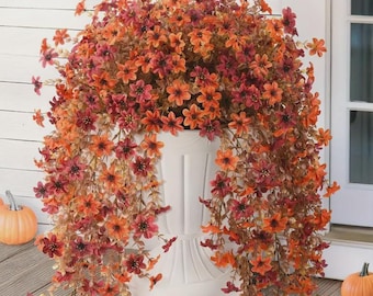 Flores artificiales colgantes de otoño resistentes a los rayos UV: decoración naranja y marrón - 2 unidades