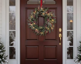 24 inch Pre-Lit Snow Frosted Christmas Wreath: Red Berries & Warm LEDs