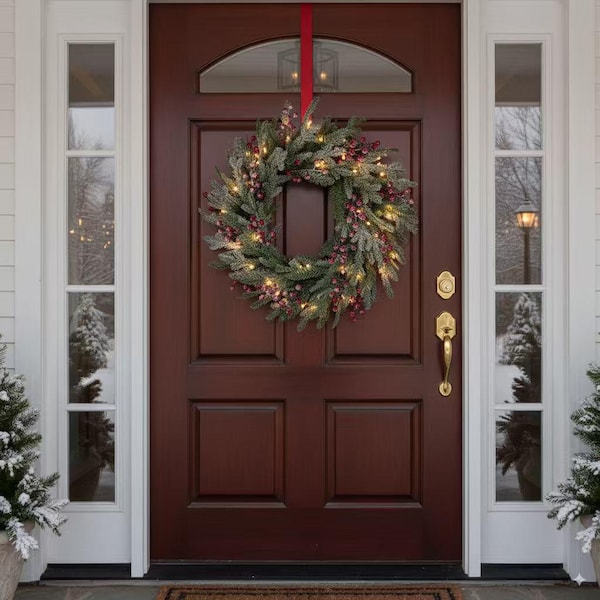 24 inch Pre-Lit Snow Frosted Christmas Wreath: Red Berries & Warm LEDs
