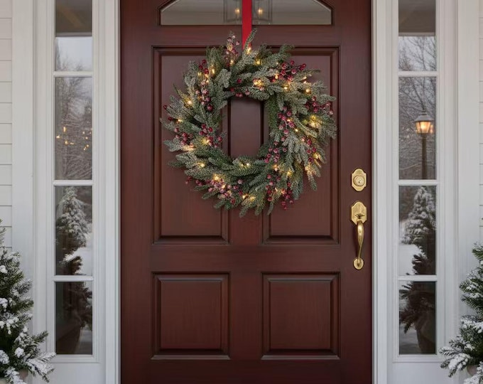 24 inch Pre-Lit Snow Frosted Christmas Wreath: Red Berries & Warm LEDs