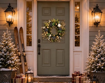 Pre-Lit Christmas Wreath, 24 Inch Pinecone Gold Berry Holiday Decor